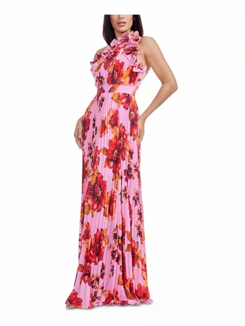 DRESS THE POPULATION ONE-SHOULDER RUFFLED FIT & FLARE VIDA MAXI DRESS